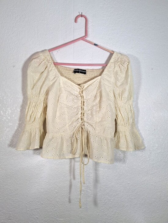 Scarlet Darkness Tops - Scarlet Darkness Pale Yellow Cropped to Waist Peasant Look Top Size Small